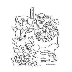 Little pigs with shrek colouring page